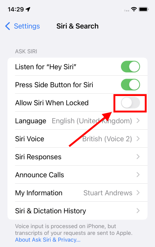 Tap Allow Siri when Locked